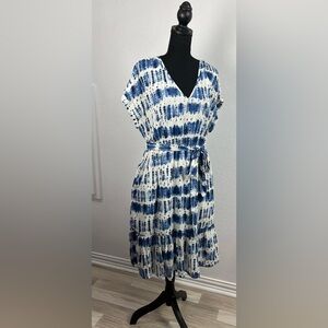 Gap Fit And Flare Blue Tie Dye Dress W/ Pockets Sz XL Ruffle Hem V neck Bohemian
